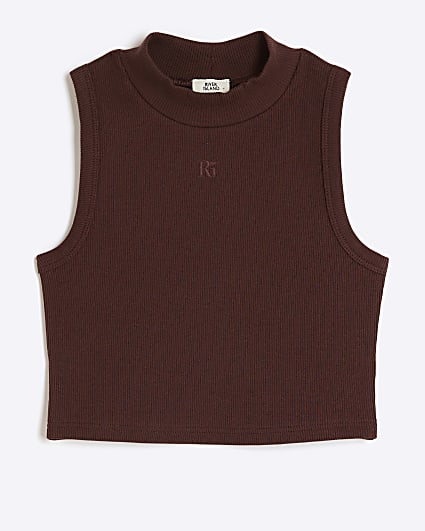 Girls brown ribbed high neck tank top