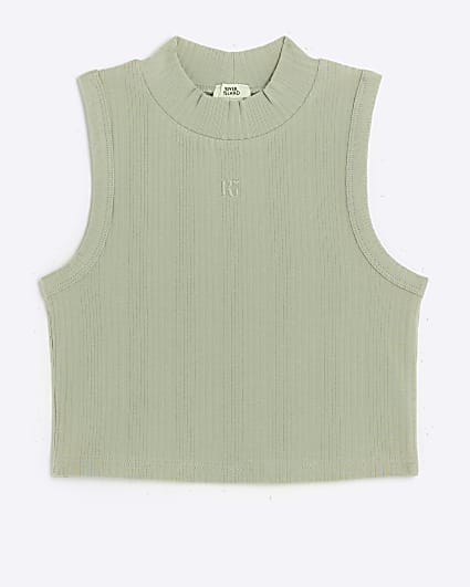 Girls green ribbed high neck tank top