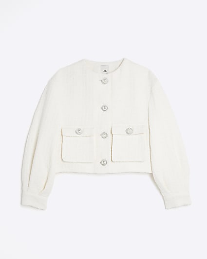 Girls cream boucle pearl jacket