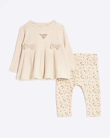 Baby girl beige ribbed bow peplum set