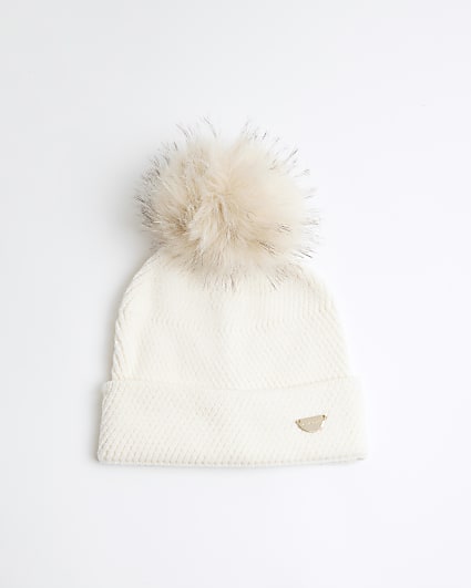 Girls Cream Oversized Pom Beanie