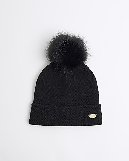 Girls Black Oversized Pom Beanie