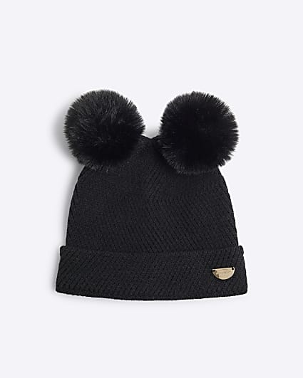 Mini Girls Black Double Pom Beanie