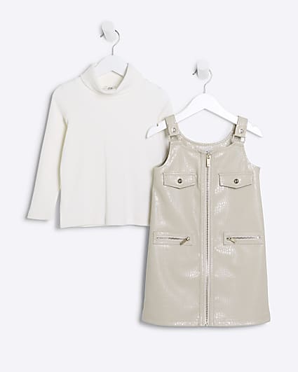 Mini girls cream croc embossed dress set