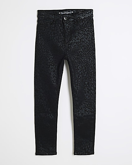 Girls Black Skinny Fit Leopard Coated Jeans