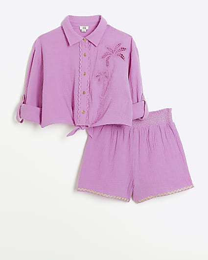 Girls purple palm embroidery shirt set