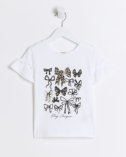 Mini girls white leopard print bow t-shirt