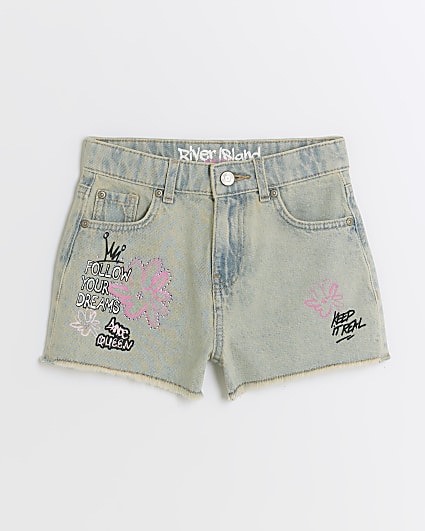 Girls blue graffiti print shorts