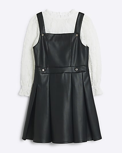 Girls Black Faux Leather Pinny Dress Set