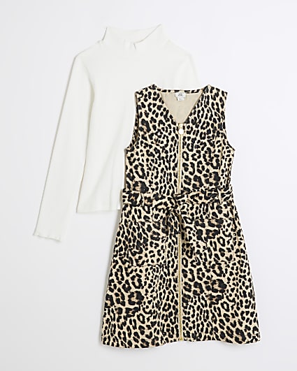 Girls beige leopard print belted pinny dress