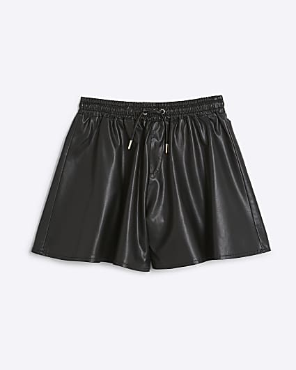 Girls black faux leather elasticated shorts