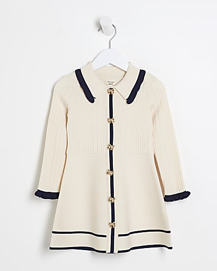 Mini girls cream ribbed polo dress