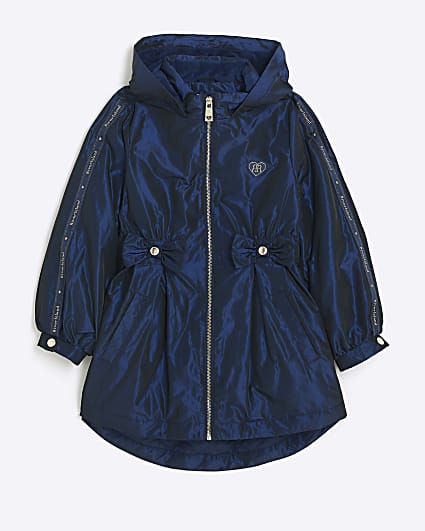 Girls navy elasticated waist hooded rain coat