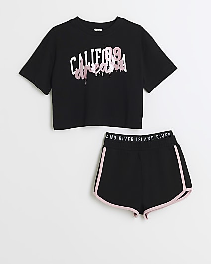 Girls black graphic t-shirt and shorts set