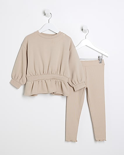 Mini girls beige peplum sweatshirt set