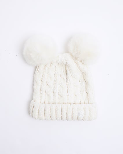 Baby girls cream double pom pom beanie