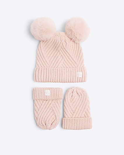 Baby girls pink beanie and mittens set