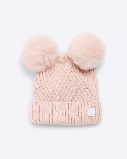 Baby girls pink double pom pom beanie hat