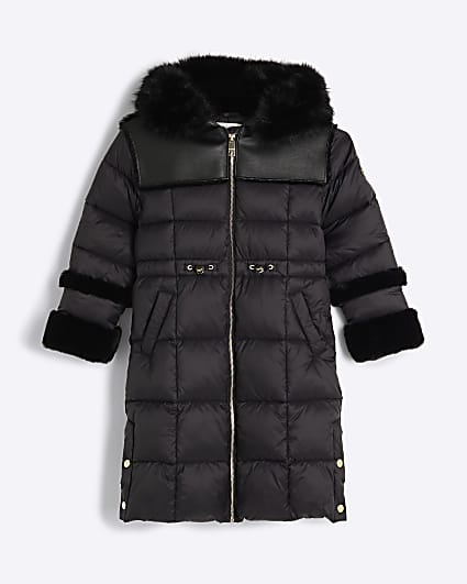 Girls Black Faux Fur Trim Puffer Jacket