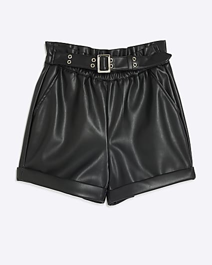 Girls black faux leather belted shorts