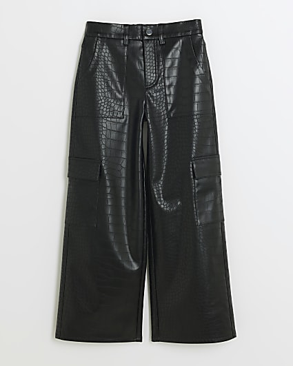 Girls black faux leather wide leg trousers