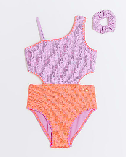 Girls purple textured swimsuit and scrunchie