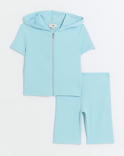 Girls Blue Ribbed Zip Up Hoodie Set