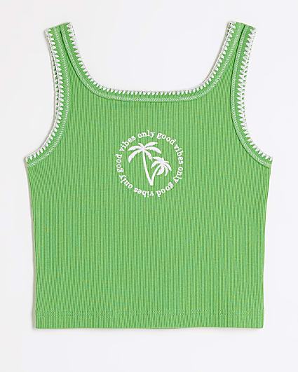 Girls green embroidered stitched tank top