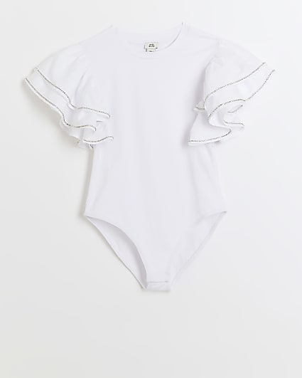 Girls white diamante frill sleeve bodysuit