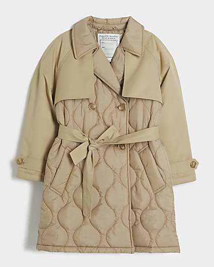 Girls Beige Quilted Trench Coat