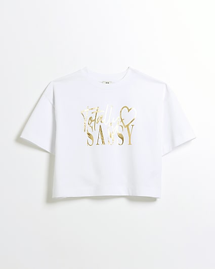 Girls white graphic print crop t-shirt