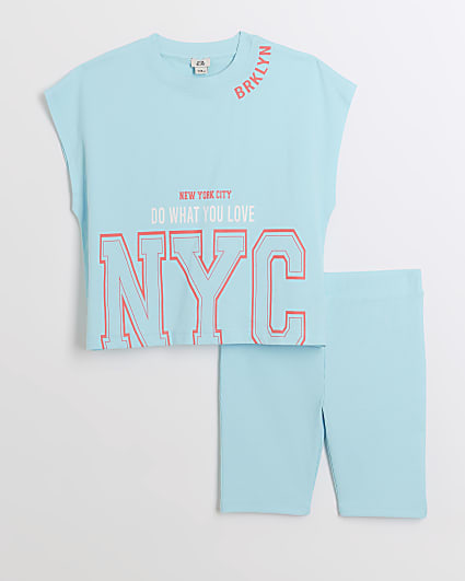 Girls blue t-shirt and cyclist shorts set