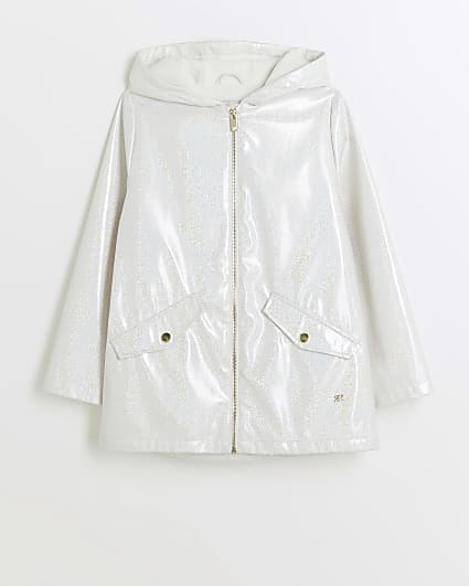 Girls white glitter hooded rain coat