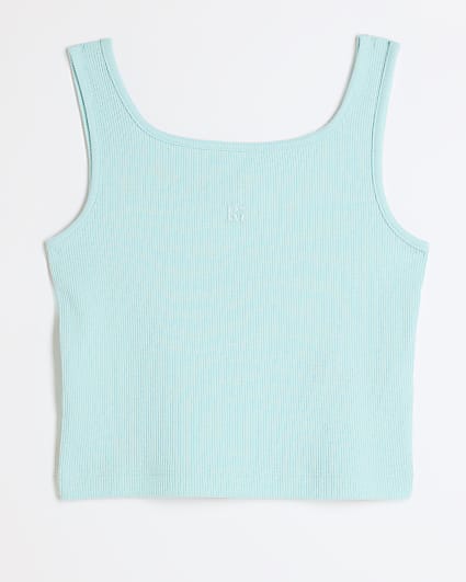 Girls Blue Ribbed Embroidered Logo Crop Vest