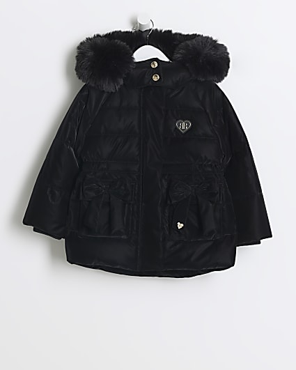 Mini girls black padded bow hooded jacket