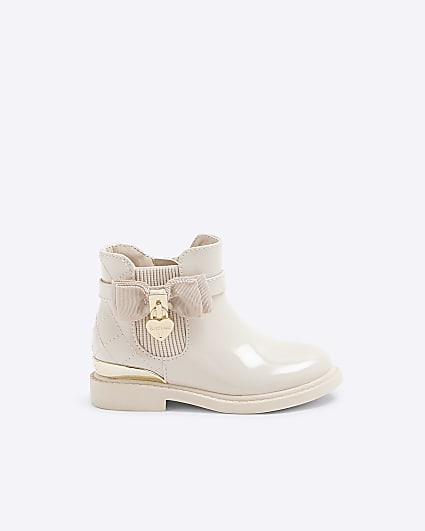 Mini Girls Cream RI Patent Bow Padlock Boots