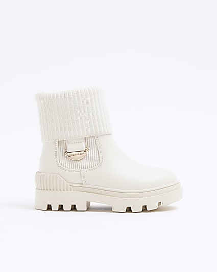 Mini girls cream roll knit detail boots