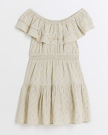 Girls stone linen blend bardot dress