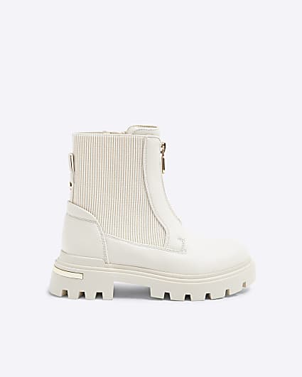 Girls Cream Zip Front Chelsea Boots