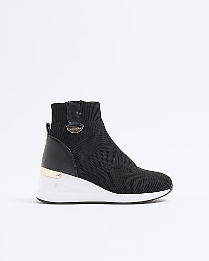 Girls Black High Top Knit Wedge Trainers