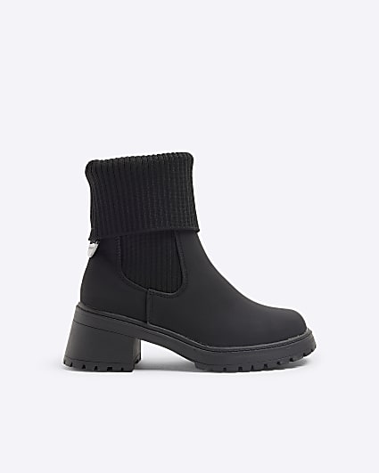 Girls black roll knit heeled boots