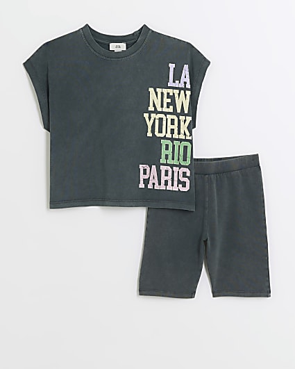 Girls grey t-shirt and cycling shorts set