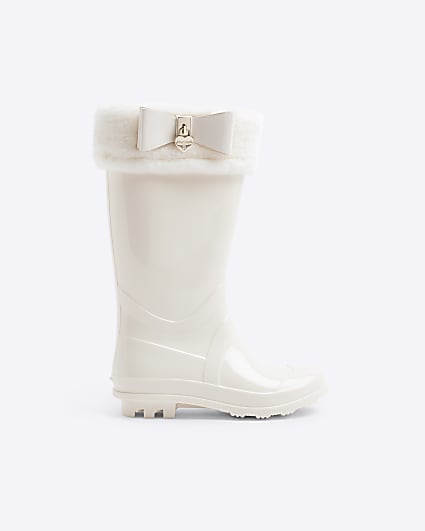 Girls Cream Fur Bow Wellies