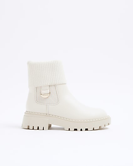 Girls cream roll knit detail boots