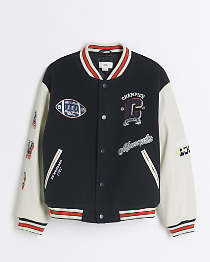 Boys Black Embroidered Varsity Bomber Jacket