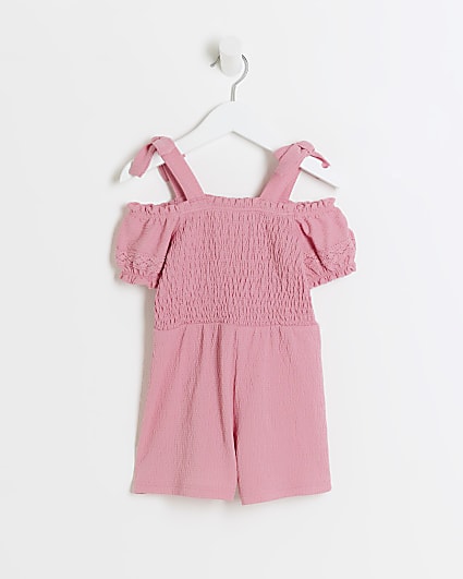 Mini girls pink shirred playsuit