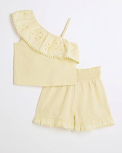 Girls yellow broderie asymmetric top set