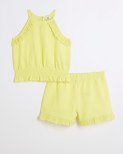 Girls yellow broderie halter neck top set