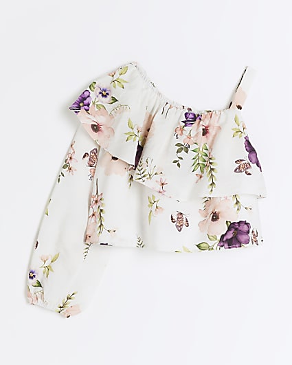 Girls white floral one shoulder blouse