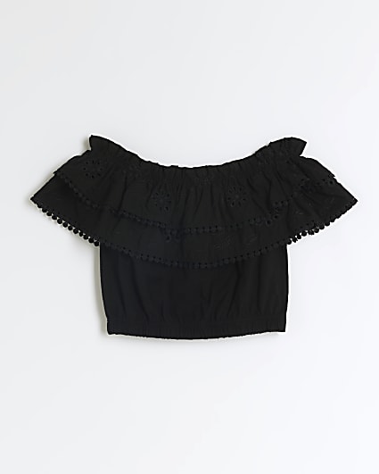 Girls black bardot broderie top